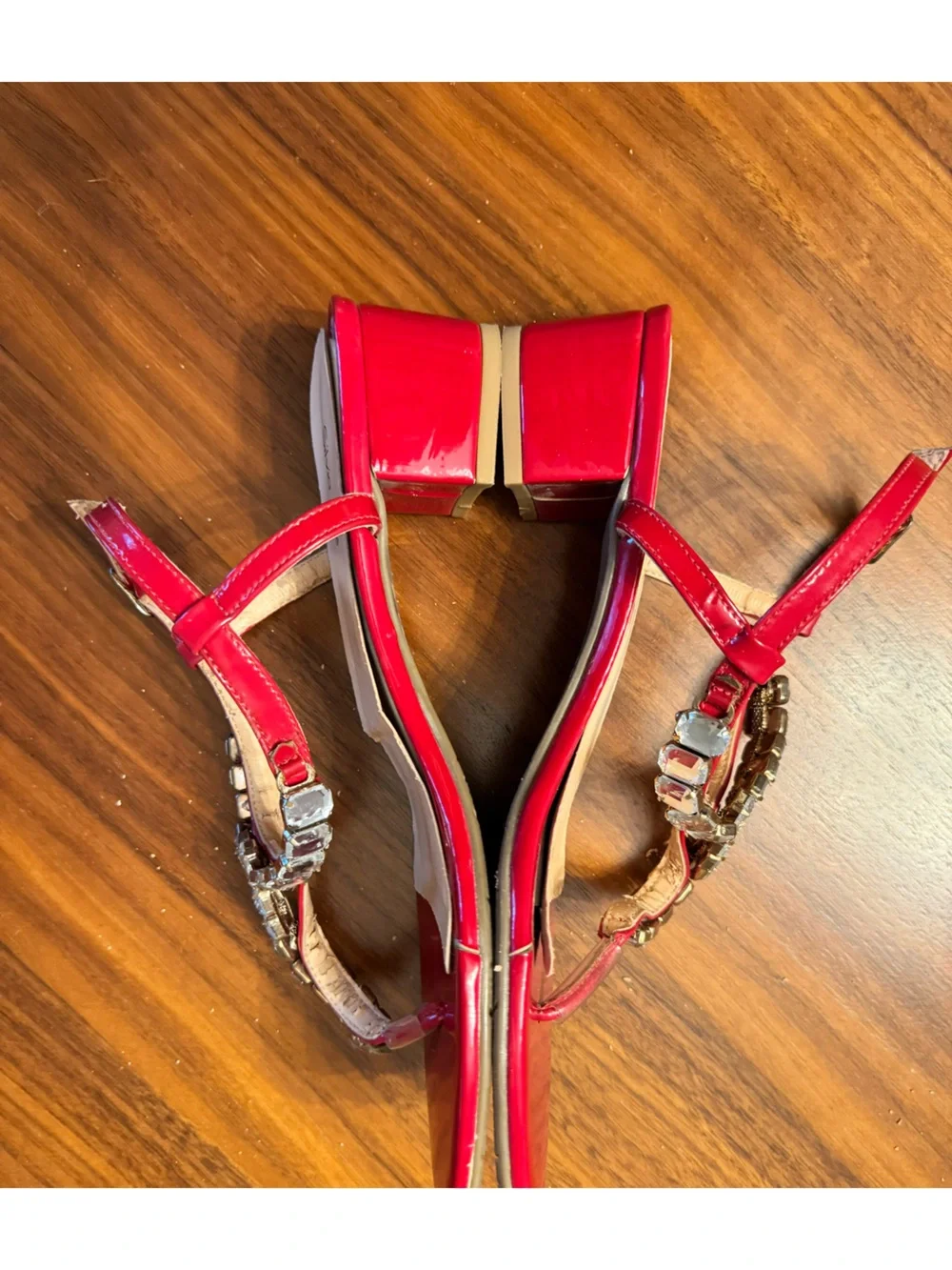 Silvia Faé Red Patent Rhinestone T-Strap Block Heel Sandals Size 10